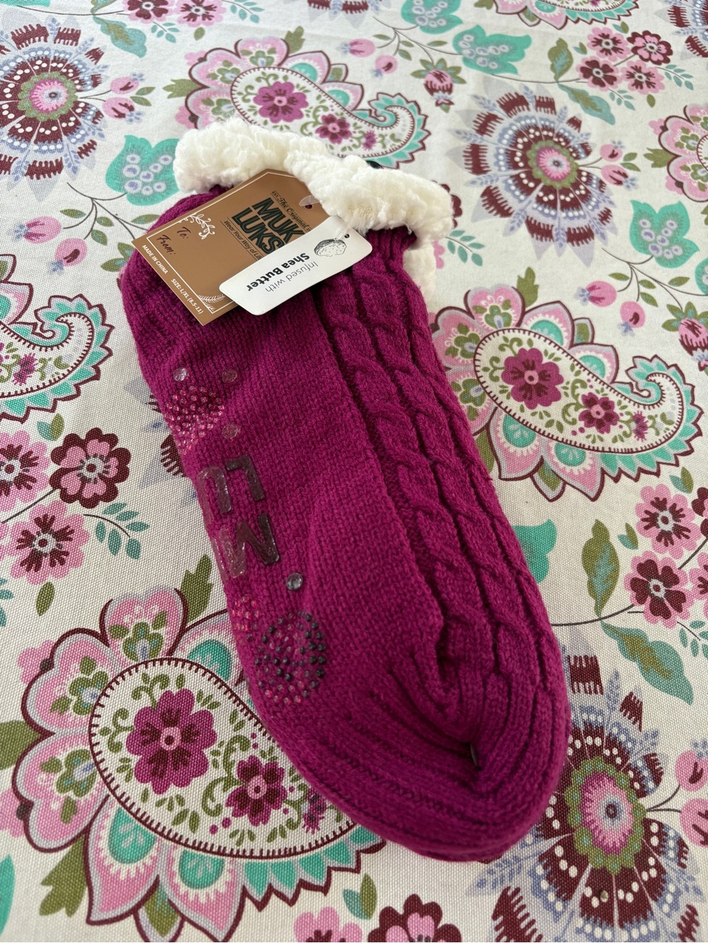 Muk Luks Shea Butter Infused, Cable-Knit, Sherpa-Lined Slipper Socks in Magenta
